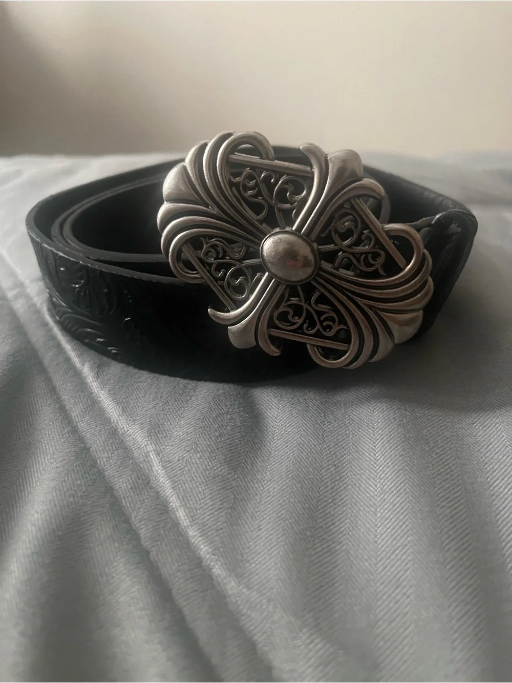 Black Leather Belt with Ornate Silver-Tone Buckle
